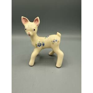 Vintage Ceramic Deer Fawn Figurine Hand Painted Floral Mid Century Japan READ